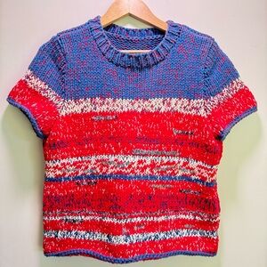 Tory Burch Red Mouline Short Sleeve Chunky Knit Sweater Coastal Nantucket Size M